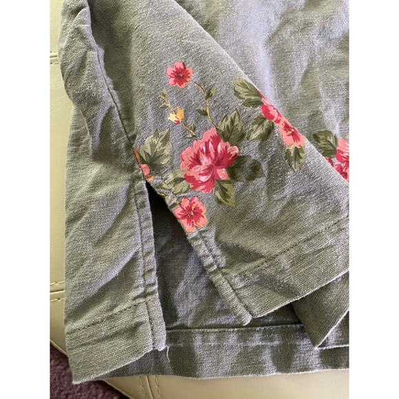Erika Collection 90s Grey Linen Cotton Floral Hem Button Front Top XL - Picture 4 of 8